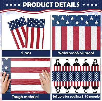 Patriotic American Flag Plastic Tablecloth for 4th of July, 250th Anniversary, Memorial Day, 54"x108", 2 Pack