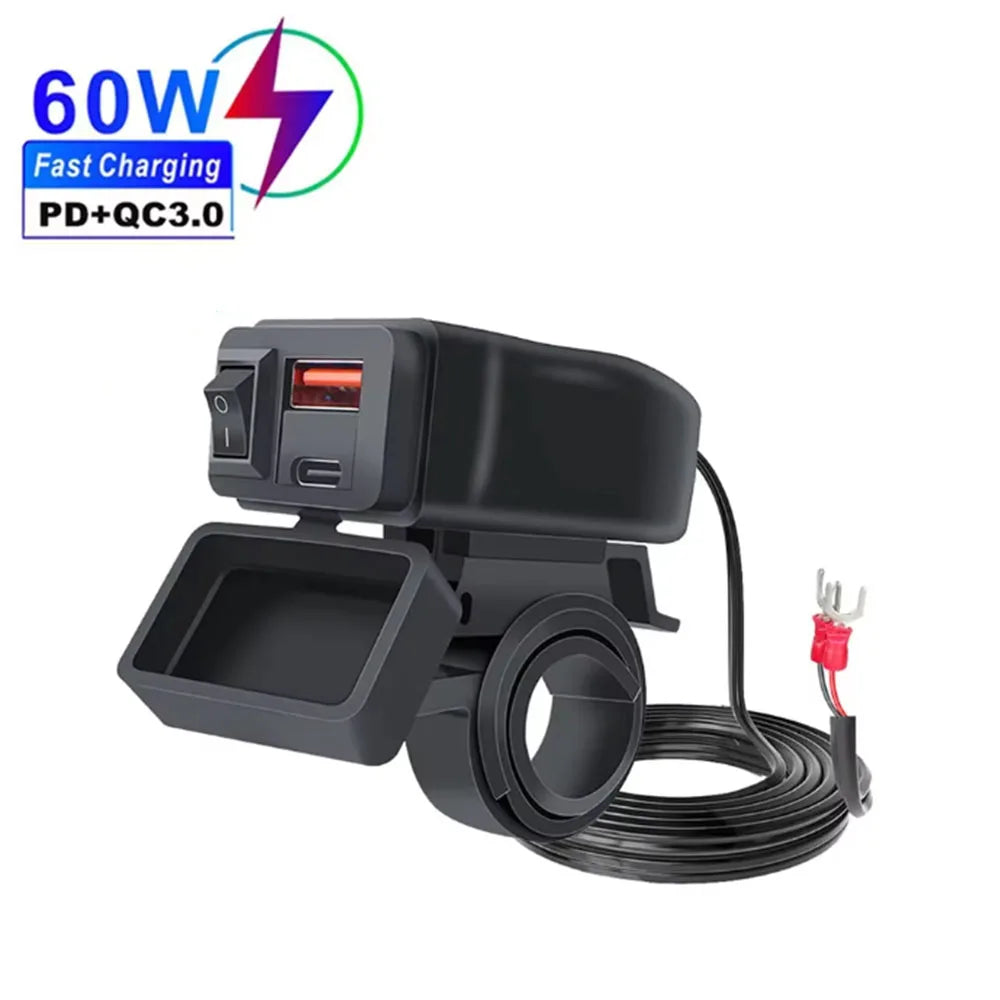 PD+QC3.0 Motorcycle USB Fast Charger 60W Handlebar Dual USB Socket with Switch Voltmeter Waterproof 12V Power Supply Adapter