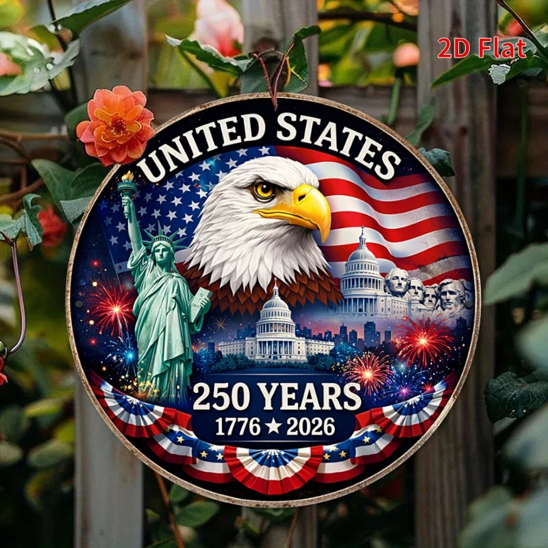 2D Flat - 1pc 19.99x19.99cm Round Aluminum Sign | USA 250 Years Anniversary Metal Art Sign, Patriotic Home Decor, 1776-2026 Amer