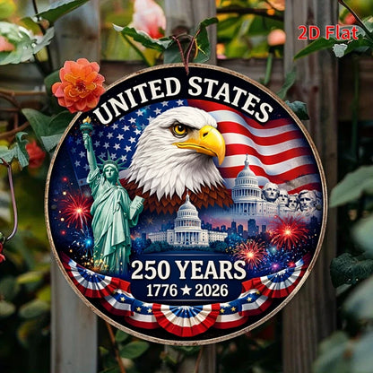 2D Flat - 1pc 19.99x19.99cm Round Aluminum Sign | USA 250 Years Anniversary Metal Art Sign, Patriotic Home Decor, 1776-2026 Amer