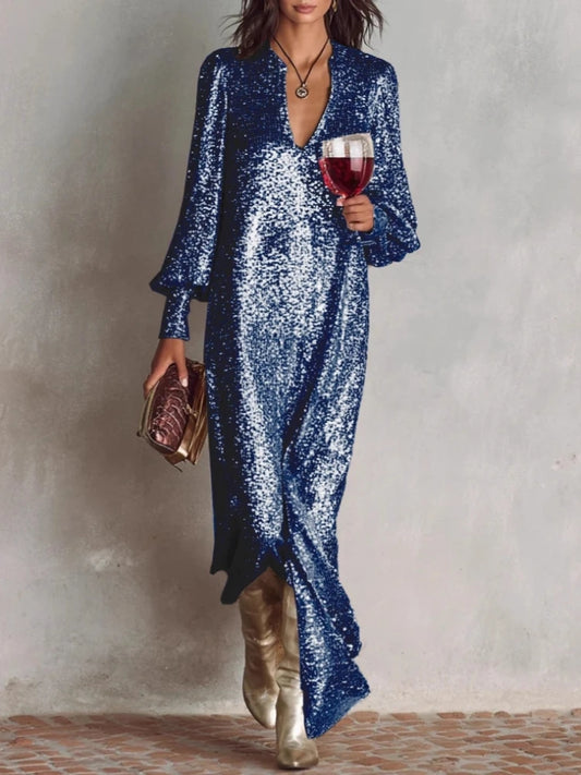 Elegant Women's Evening Dress Solid Deep V-neck Sequined Lantern Sleeves Long Gown Autumn Winter Sexy Dinner Party Dresses