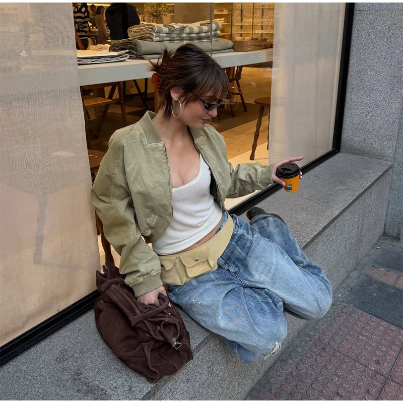 Women Khaki Cropped Bomber Jacket Chic Lapel Zipper Pocket Long Sleeve Short Coat Casual 2026 New Lady Street Daily Crop Outwear