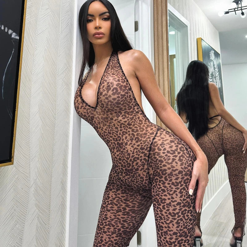 Hugcitar Leopard Print Halter Backless Slip Sexy Bodycon Jumpsuit 2025 Spring Summer Casual Outfits Streetwear Festival Romper