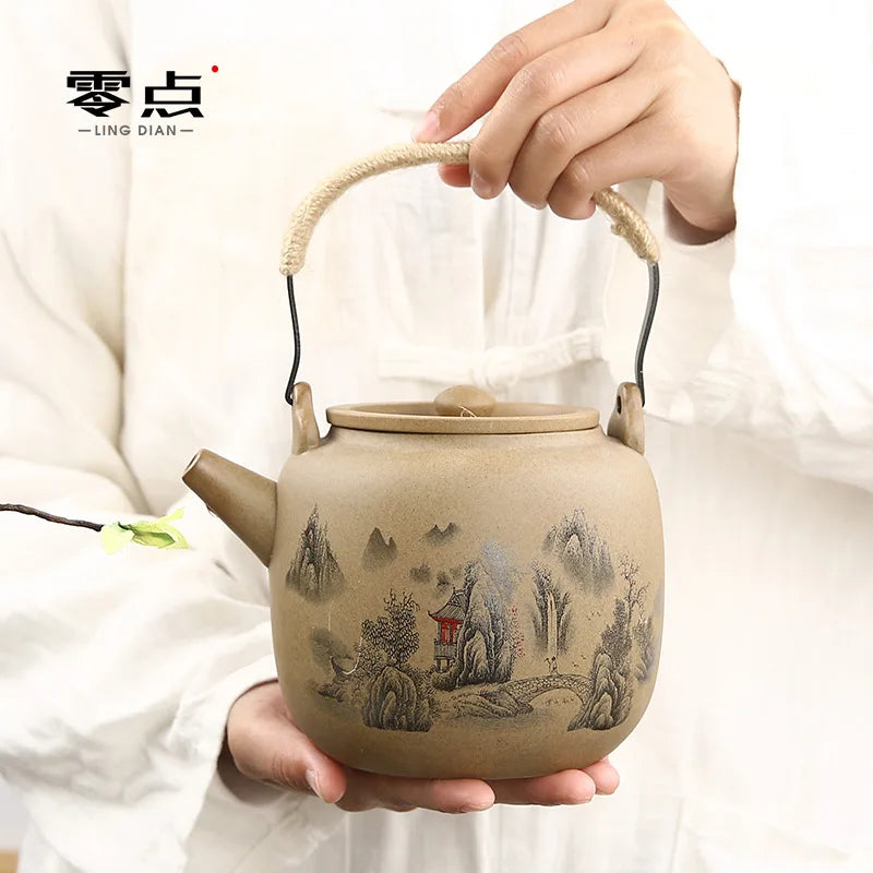 Retro Japanese coarse pottery beam pot business gift ceramic kung fu tea set large teacup