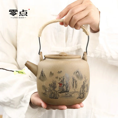 Retro Japanese coarse pottery beam pot business gift ceramic kung fu tea set large teacup