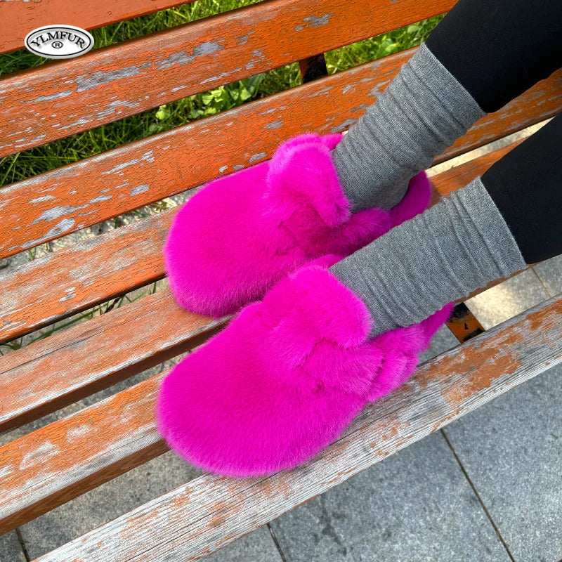 New Clogs Slippers Faux Mink Fur Slippers Women Shoes Woman 2025 Trend Plush Slipper Winter Warm Luxury Designer Shoes for Women