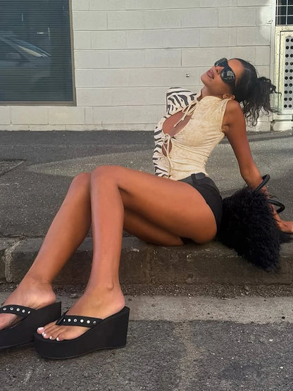 Kliou Tiger Stripes Print Tank Tops Woman Summer Trend Stand Collar Hollow Shirring Design Hot Girls Street Wild Style Vests