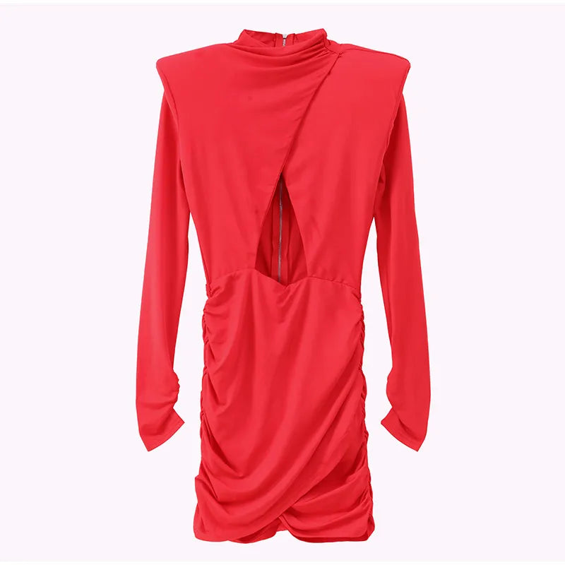 Sexy Hollow-out Pleated Mini Dress Women Fashion Solid Half High Collar Long Sleeve Slim Dresses 2025 Lady Party Club Robes