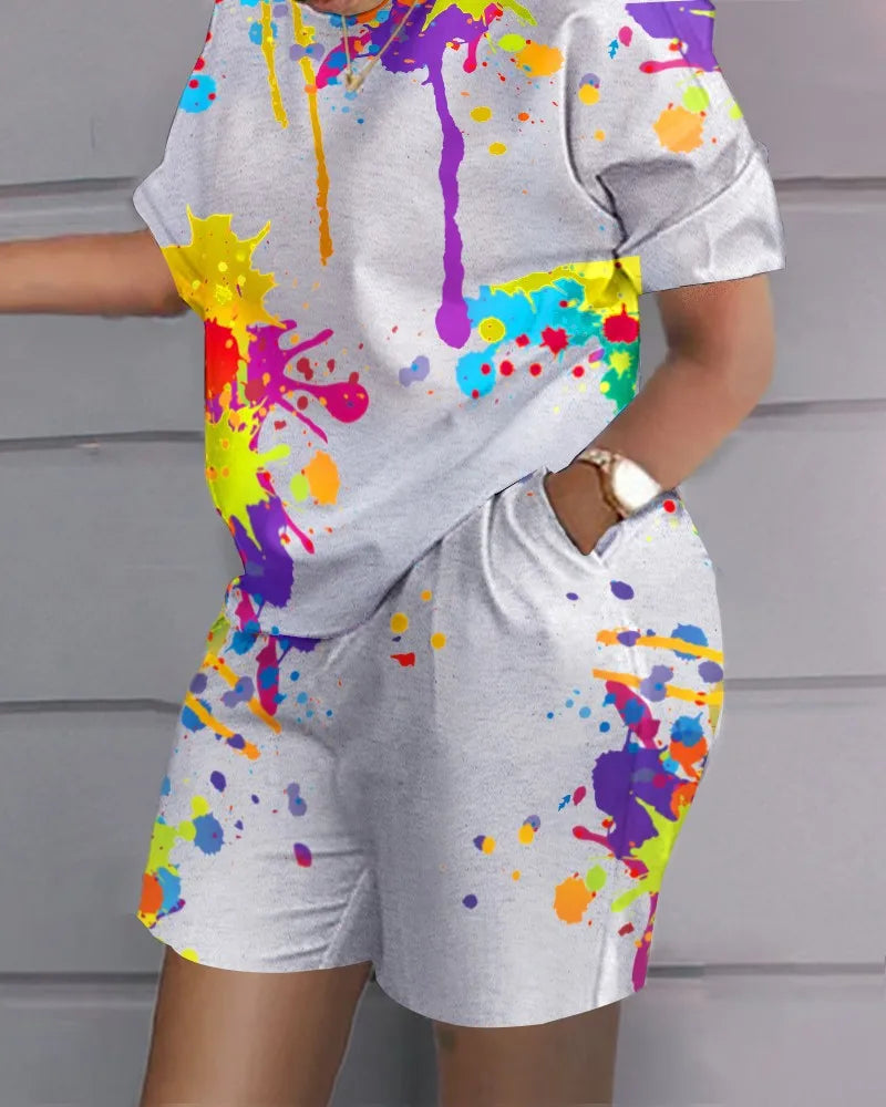 Ladies Casual Summer Two Piece Sets Printed Shorts Sets Women Round Neck Short Sleeve T Shirts Pullover High Waist Trousers Suit