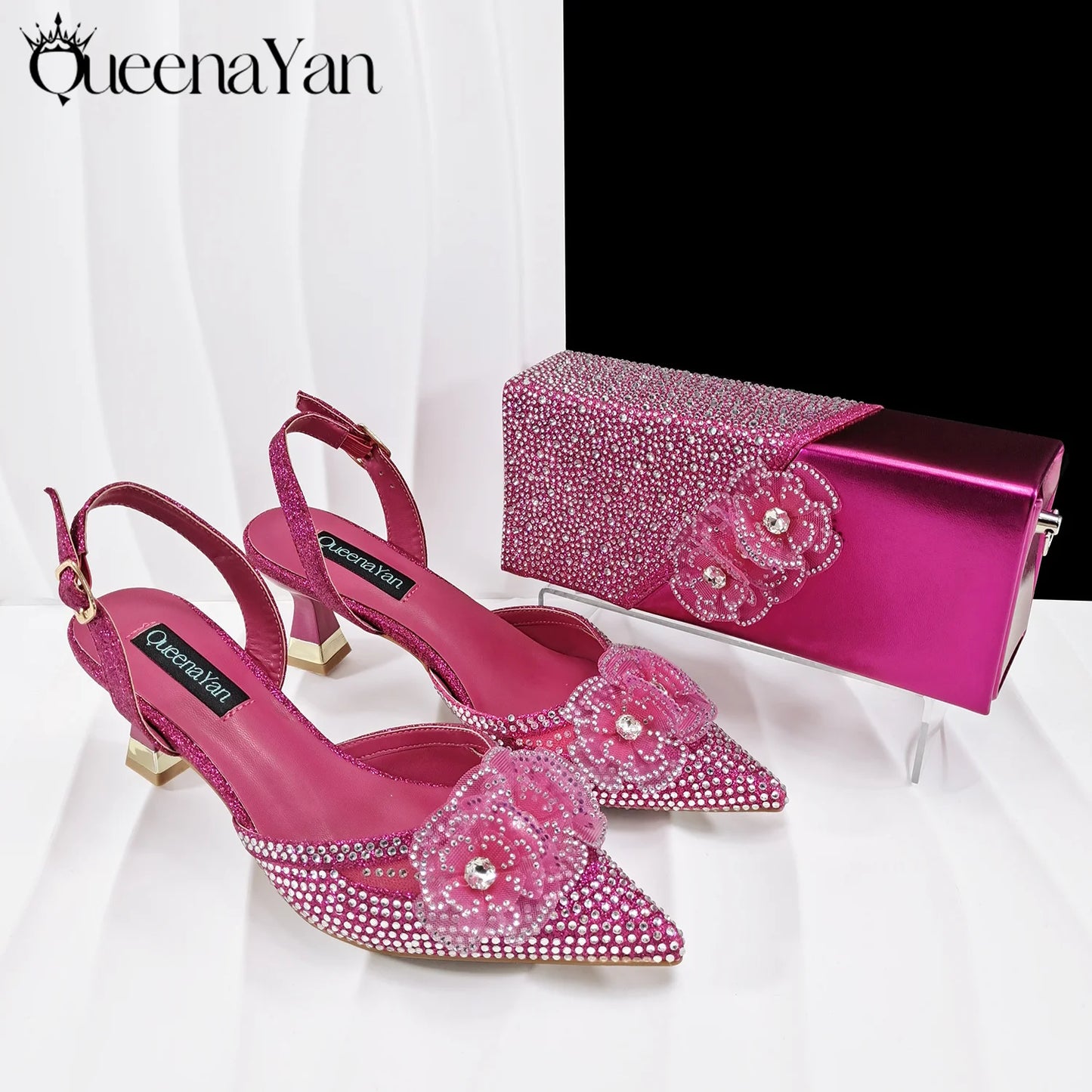 QueenaYan 2026 Elegant Silver Pointed-Toe High Heels Shoes with Diamond Accents & Matching Bag - Ideal for Party Elegance