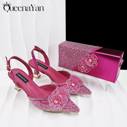 QueenaYan 2026 Elegant Silver Pointed-Toe High Heels Shoes with Diamond Accents & Matching Bag - Ideal for Party Elegance