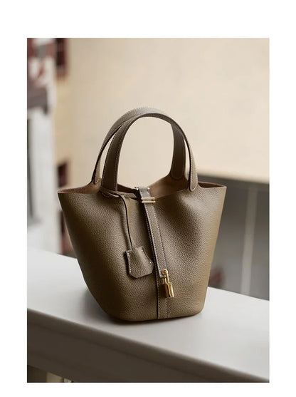 Genuine Leather Shoulder Bucket Bag Women Litchi Pattern Mini Basket Tote Soft Handbag Mommy Bride Wedding Bags with Lock