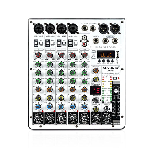 6-Channel Audio Mixer, DJ Mixer with USB Audio Interface, Bluetooth Function, 16 DSP Effects, and 3-Band EQ (ARMX-6)