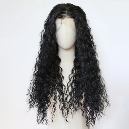 Black Romance Curly Synthetic Lace Front Wig Long Deep Curly Jet Black Lace Front Synthetic Wig Pre Plucked Natural Hairline