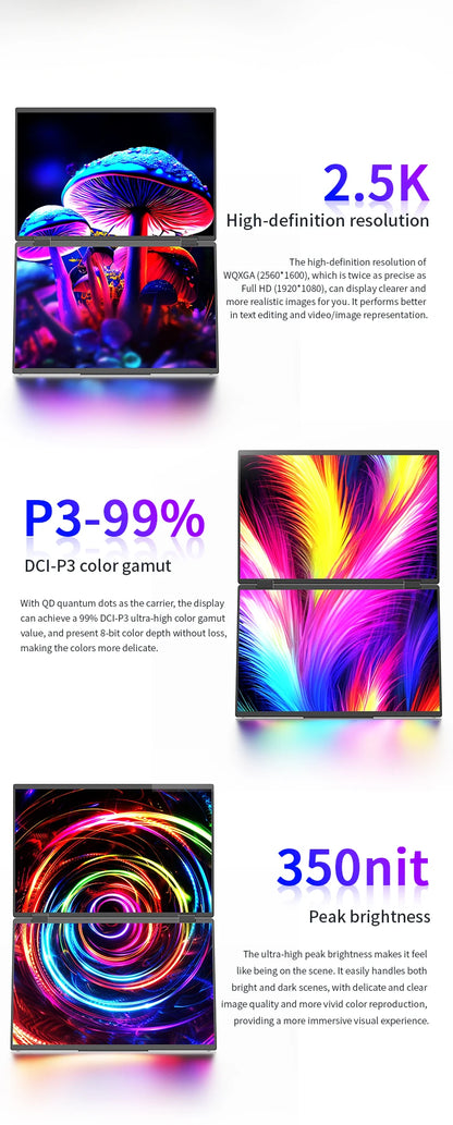 Sibolan 16 inch 2.5K Dual Screen Portable Monitor 60Hz 100% sRGB HDMI USB-C Plug Metal Body Laptop Display Extender For Wins Mac