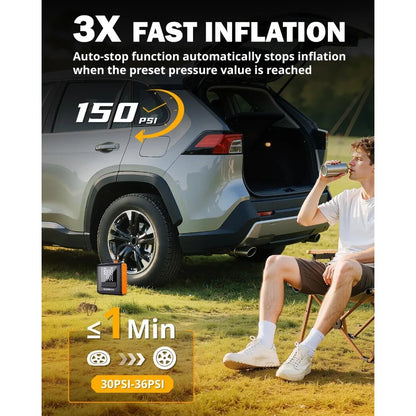 AUXBEAM H4Pro Tire Inflator Portable Air Compressor,150PSI 2 in 1 Rechargeable 5200mAh Car Tire Inflator Portable 4 Preset