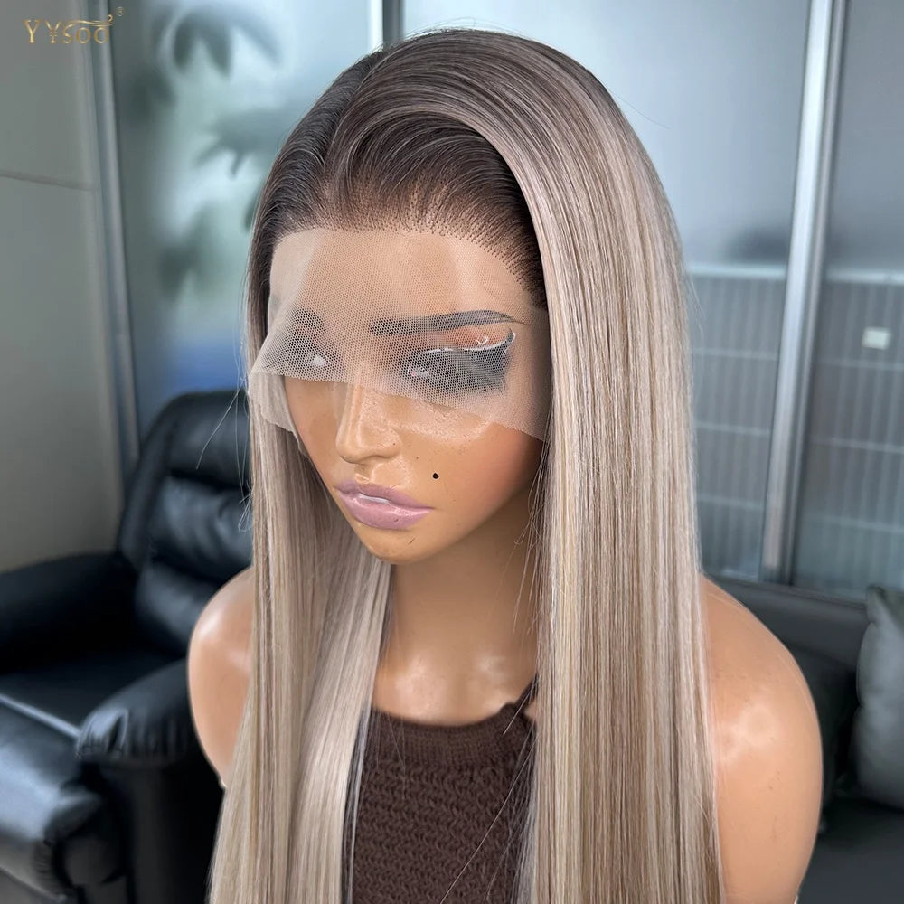 Long Heat Resistant 13x6 Synthetic Lace Front Wig Japan Futura Hair Ombre Highlights Silky Straight Hair Pre Plucked Hairline