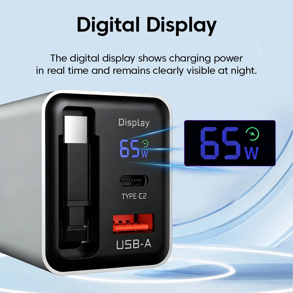 65W USB C GaN Charger Wall Charger Power Adapter Digital Display With Retractable Type C Cable For iPhone 17 16 Samsung Xiaomi