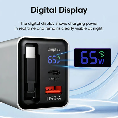 65W USB C GaN Charger Wall Charger Power Adapter Digital Display With Retractable Type C Cable For iPhone 17 16 Samsung Xiaomi