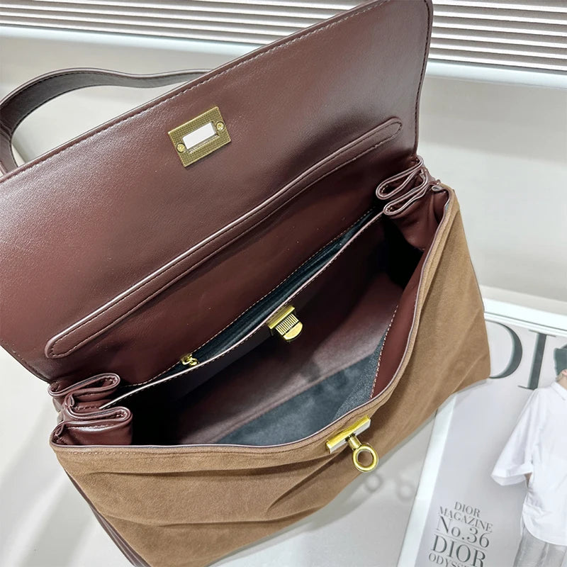 Luxury Brand Women Messenger Bags Soft Leather Brown Suede Hand Held Totes Gold Buckle Women Shoulder Bags Lady Trend Satchel
