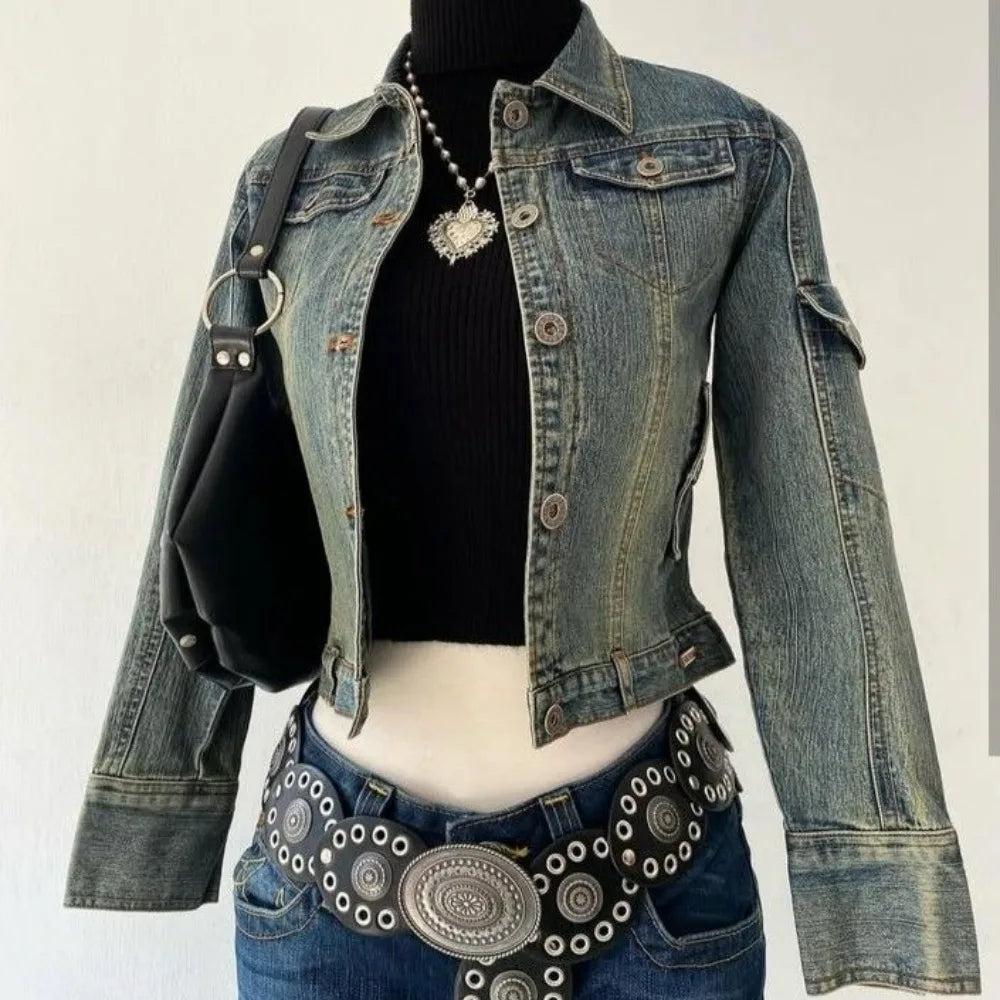 Y2K Light Blue Harajuku Sexy Slim Fit Denim Jacket Women Clothing  Goth Punk Collar Short Zip Up Jacket Multi Pockets Denim Coat