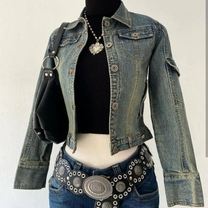 Y2K Light Blue Harajuku Sexy Slim Fit Denim Jacket Women Clothing  Goth Punk Collar Short Zip Up Jacket Multi Pockets Denim Coat