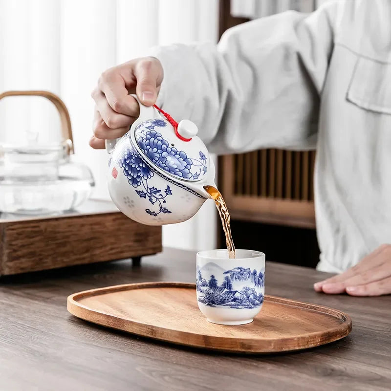 Household Porcelain Teapot Ceramic Large Capacity Pot Blue and White Retro Loop Handle Beam