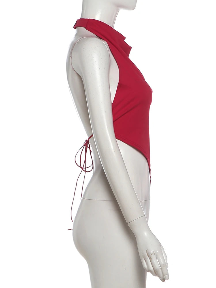 Nibber Irregular Hem Tank Top Women Trend Sexy Backless Halter Bandages Sleeveless Classic Fashion Hottie Street Wild Party Vest