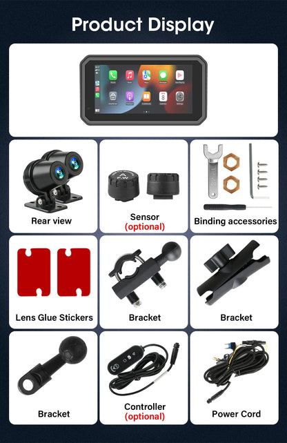 JMCQ Portable 6.25 inch Motorcycle GPS Navigation IPX7 Waterproof Wireless CarPlay Android Auto Drive Recorder Support 4K DVR