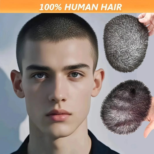 Short Buzz Cut Hair Piece for Man 100% Human Hair Hair Toupee Breathable and Invisible PU Base Biomimetic Scalp Hair Replacement
