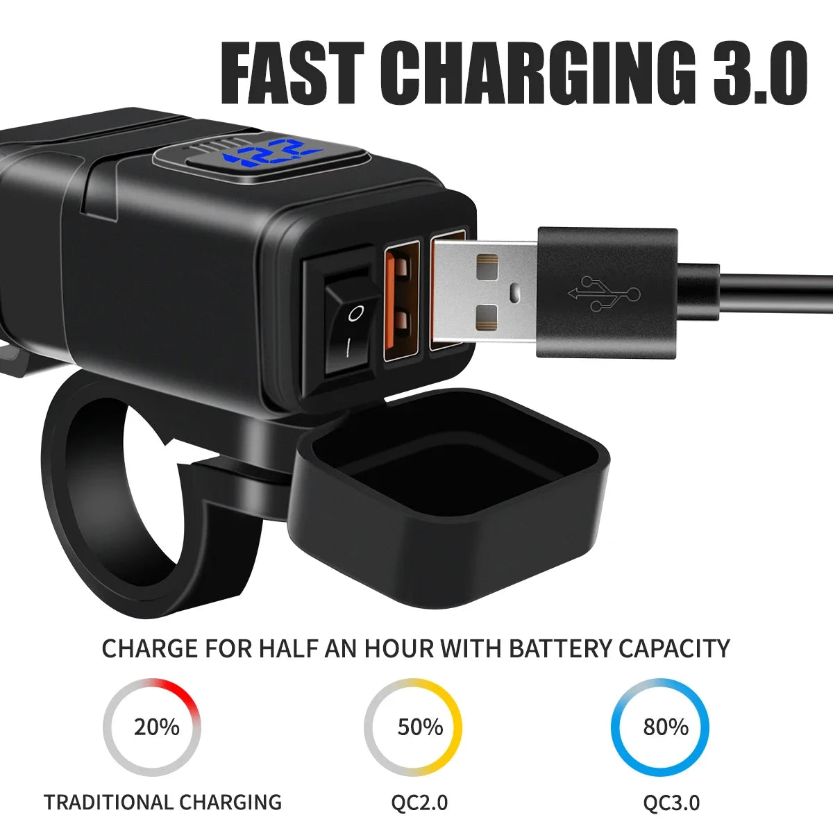 1x Motorcycle Dual USB Socket QC3.0 Fast Charger 60W Handle Style with Switch Voltmeter Waterproof 12V Power Supply Adapter Kit
