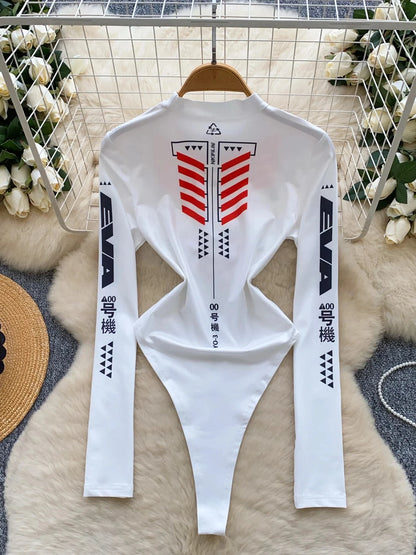 Spring Summer Bodysuit Women Motorcycle Suit Print Mock Neck Slim Long Sleeve Stretchy Jumpsuit Top T-shirt Moto Biker 63930