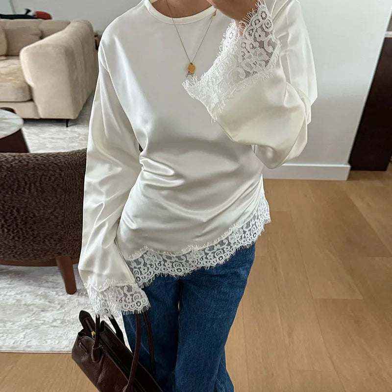 Tie Up Lace Women's Top Sexy O-neck Patchwork Irregular Full Sleeves Blouse Female 2026 Spring Fashion All Match Woman Shirts