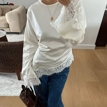 Tie Up Lace Women's Top Sexy O-neck Patchwork Irregular Full Sleeves Blouse Female 2026 Spring Fashion All Match Woman Shirts