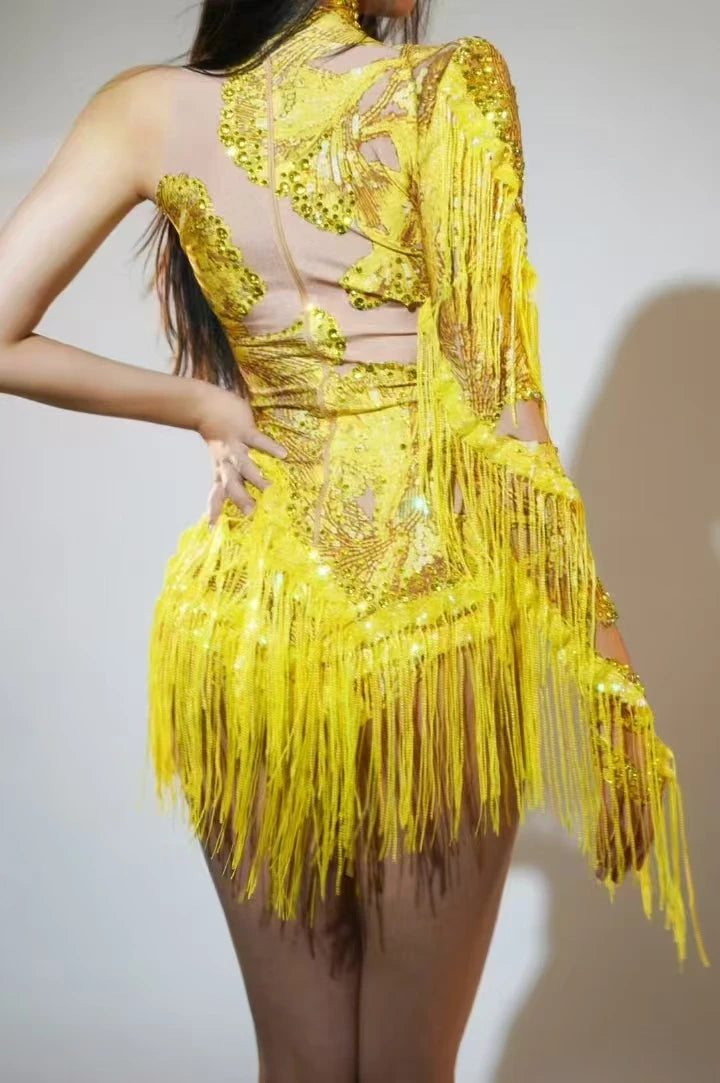 Rhinestones Women DanceCostume Fringes One Shoulder Bodysuit  Sexy Skinny Leotard Singer Dancer Show StageWear Sparkly Blue