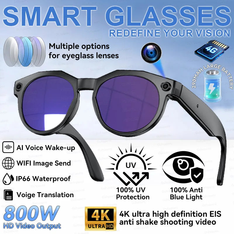 2026 New 4K HD AI Smart Glasses Chat GPT 800MP HD Camera Bluetooth Call 290mAh Battery 4GB Voice Assistant Control Smart Glasses