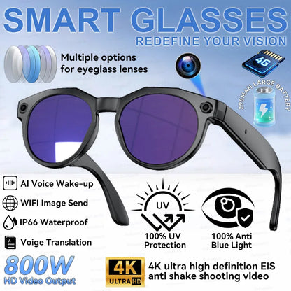 2026 New 4K HD AI Smart Glasses Chat GPT 800MP HD Camera Bluetooth Call 290mAh Battery 4GB Voice Assistant Control Smart Glasses