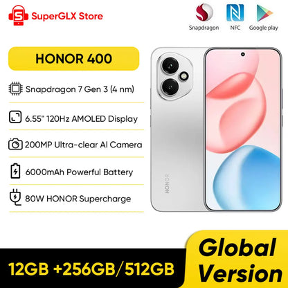 New HONOR 400 5G Smartphone Global Version Snapdragon 7 Gen 3 6.55" AMOLED Display 200MP Dual Camera 6000mAh 80W SuperCharge NFC
