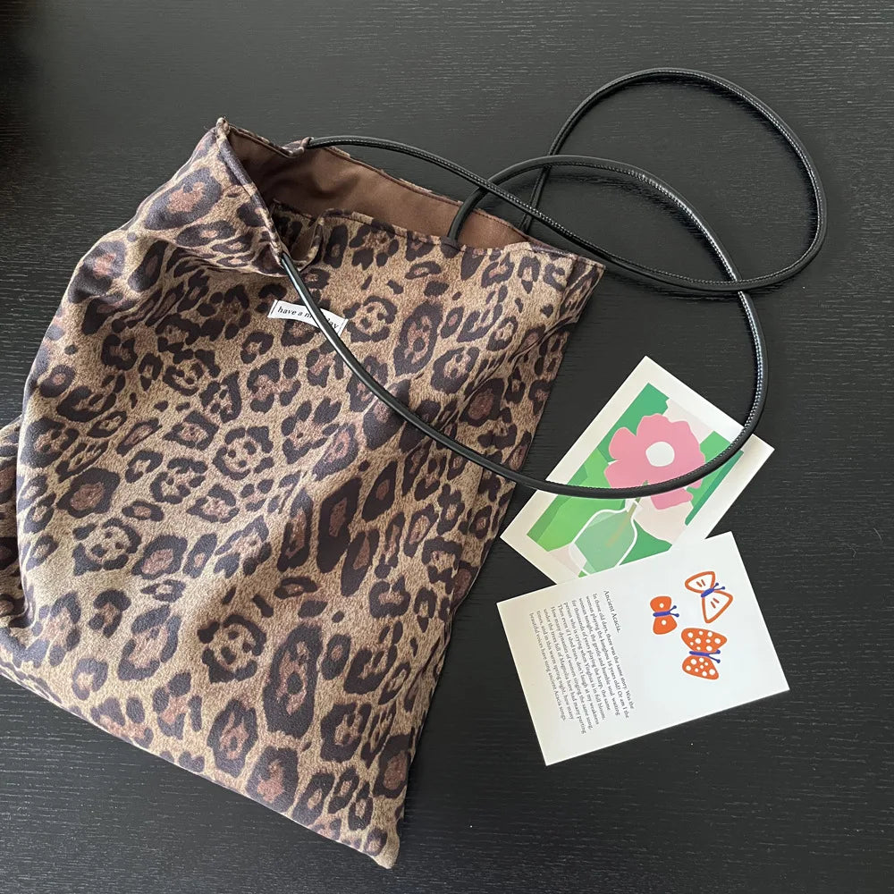 Vintage Faux Suede Women's Leopard Shoulder Bags PU Strap Double Side Female Purse Handbags Fall Winte Canvas Tote Underarm Bag