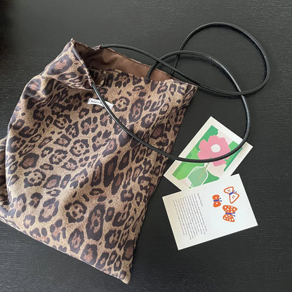 Vintage Faux Suede Women's Leopard Shoulder Bags PU Strap Double Side Female Purse Handbags Fall Winte Canvas Tote Underarm Bag