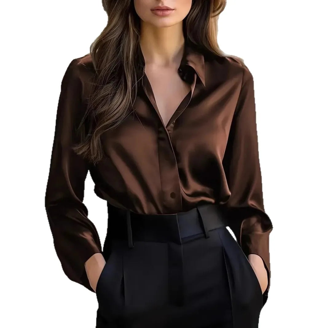 2025 Spring and Autumn Women's Lapel Shirt Brown Button Cardigan Top Black Elegant Fashion Office Basic Blouses for Female