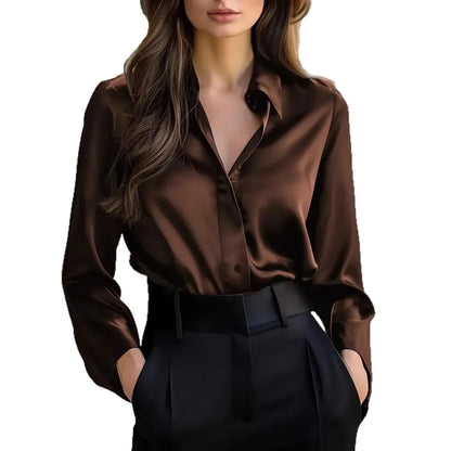 2025 Spring and Autumn Women's Lapel Shirt Brown Button Cardigan Top Black Elegant Fashion Office Basic Blouses for Female