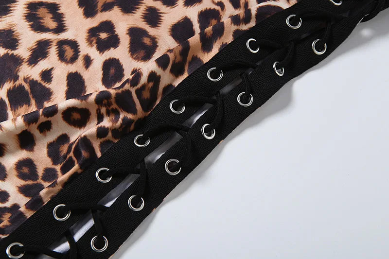 FAGADOER Spring New Sexy Leopard Print Dresses Woman Off-shoulder Backless Bandage Patchwork Dress Female Streetwear Vestidos