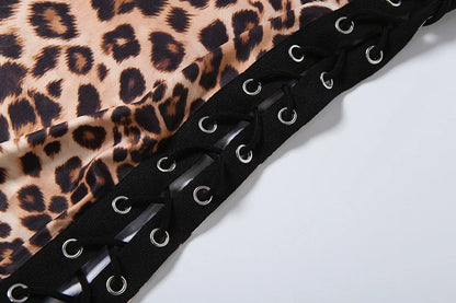 FAGADOER Spring New Sexy Leopard Print Dresses Woman Off-shoulder Backless Bandage Patchwork Dress Female Streetwear Vestidos