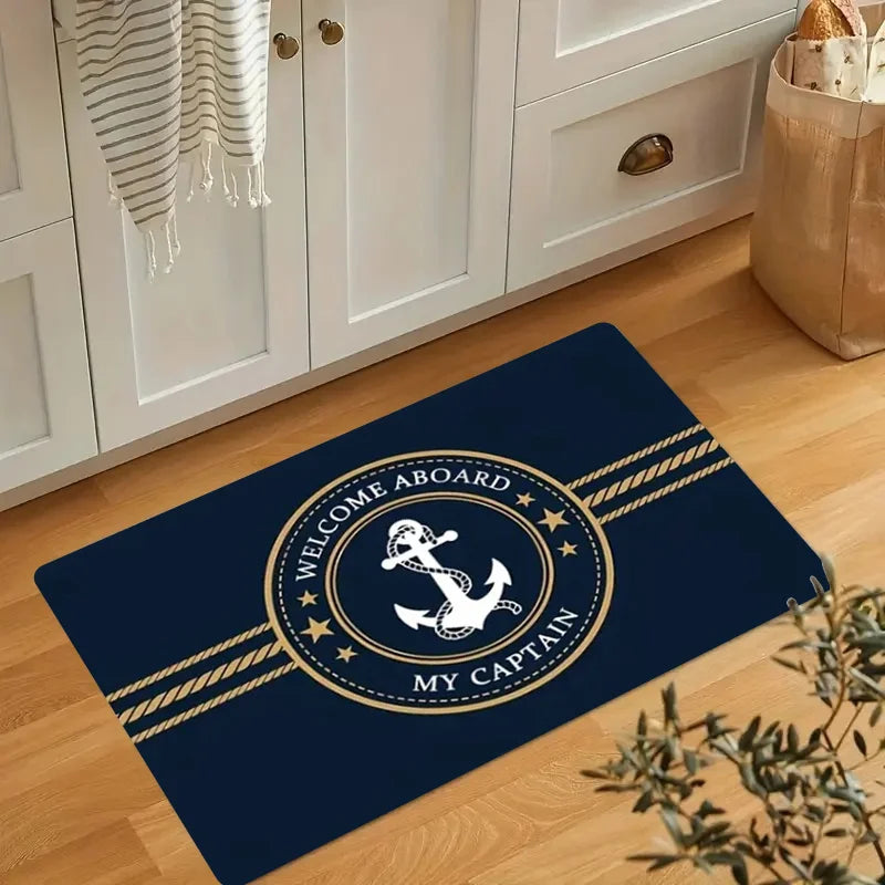 Welcome Aboard My Captain Door Mat Nautical Anchor Rope Design Non-slip Floor Rug for Living Room Bedroom Office Home Decor