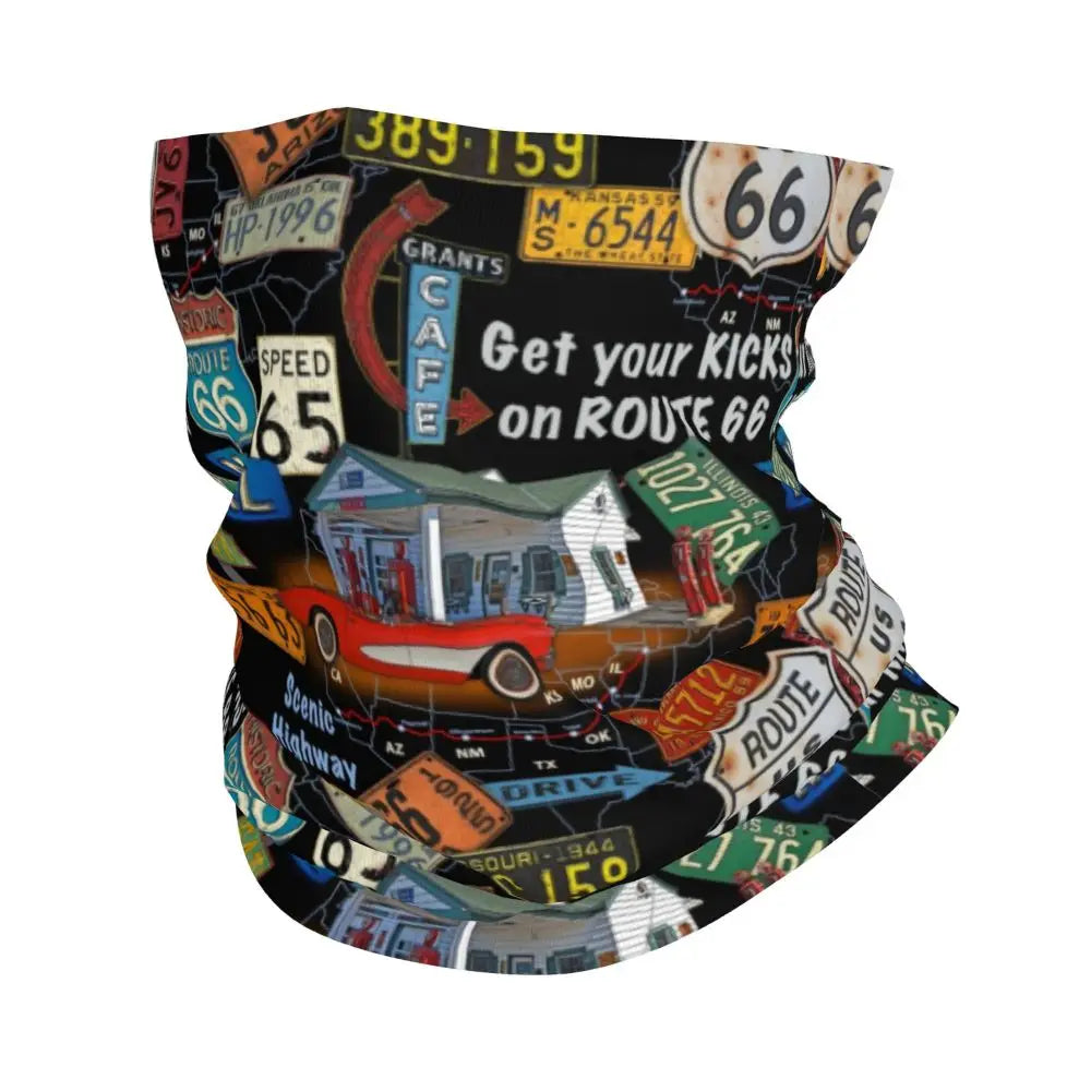 Custom Travel Motorcycle Ride Route 66 Bandana Winter Neck Warmer Windproof Wrap Face Scarf for Hiking Highways Gaiter Headband