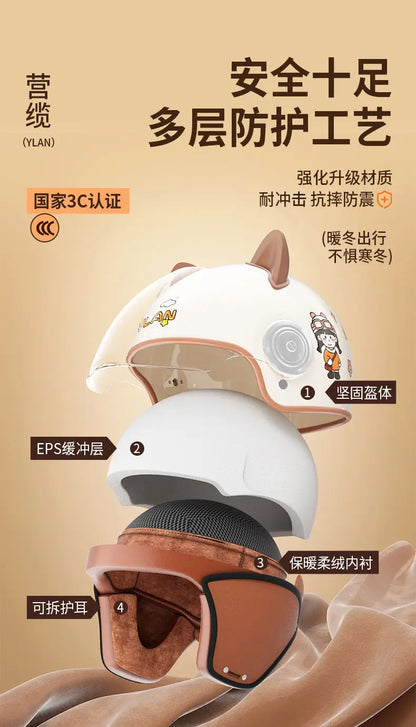 Winter Warm Women's Electric Car Helmet Four Seasons Motorcycle Safety Cap Full Face Helmet 3C Certified Abs Material
