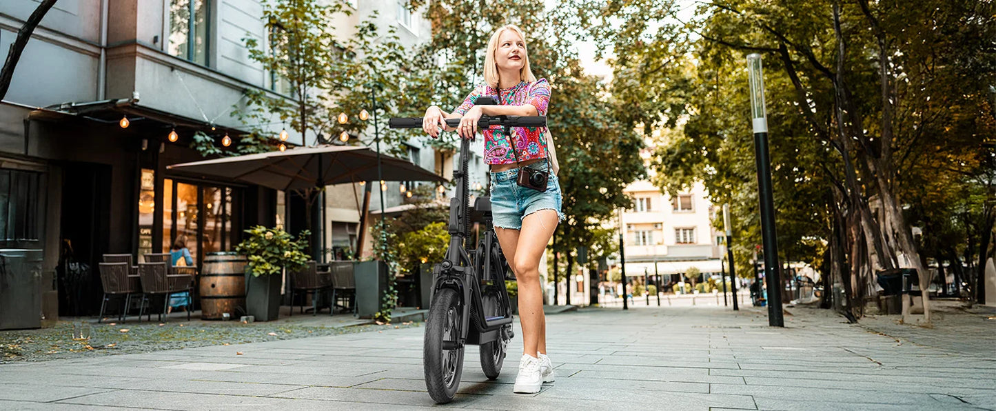 PORORO 14inch Electric Bicycle 10.5AH Battery 28Miles Max Range 22MPH Max Speed Shock Absorption Foldable E Scooter with Seat