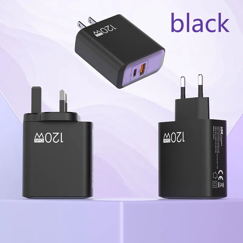 120W PD Fast Charger Type C Quick Charge USB C Wall Charger Adapter For iPhone 17 16 15 Samsung Xiaomi OPPO 2-in-1 Data Cable﻿﻿