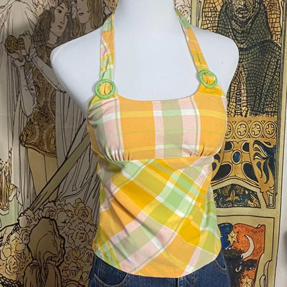 Japanese Vintage Plaid Halter Vest Women Sexy Backless Sleeveless Slim Fit Crop Tanks Top Outerwear Y2k Spicy Girl Camisole Vest